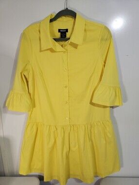 DKNY Bright Yellow Button-Down Ruffle Hem Mini Dress Size 10
